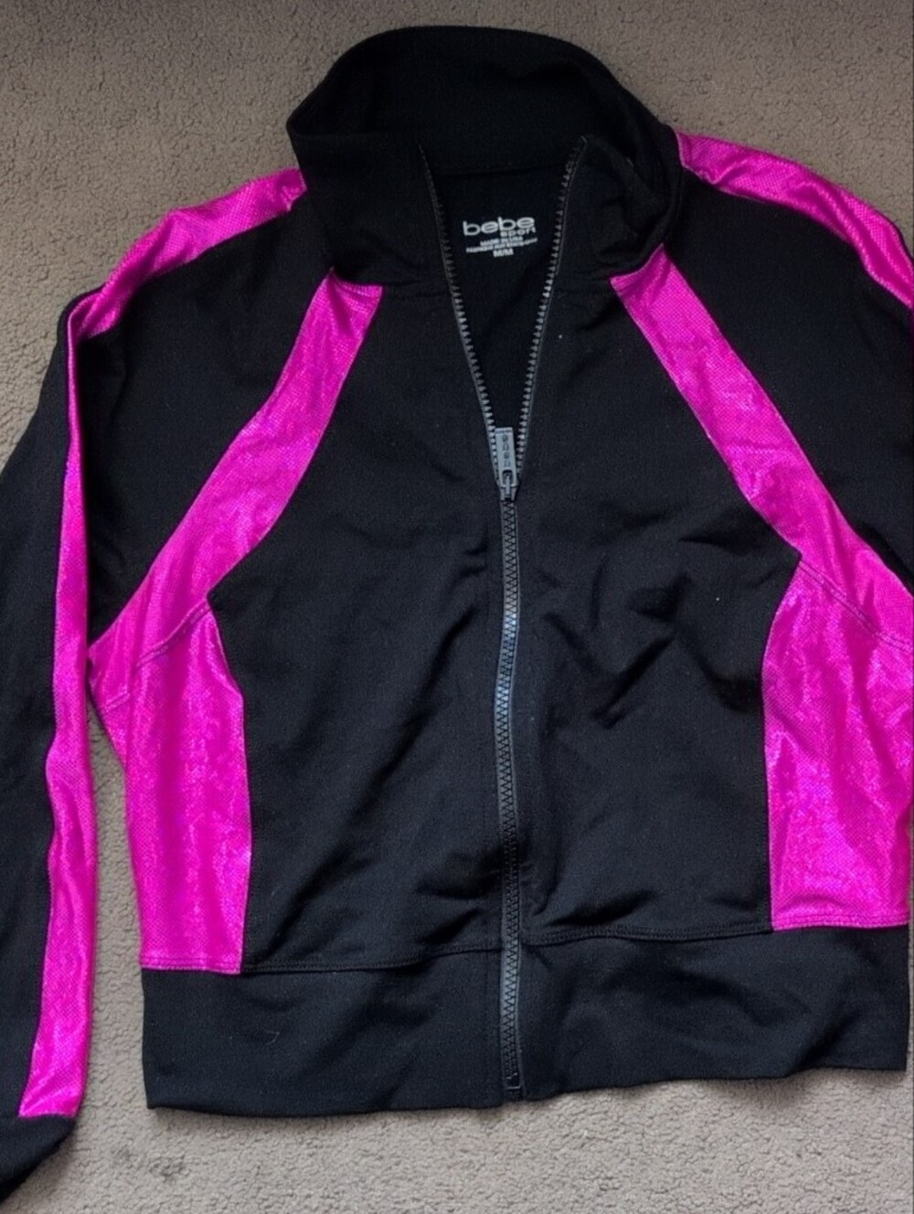 bebe Sport Black and Bright Pink Colorblock Zip-Up Athletic Jacket